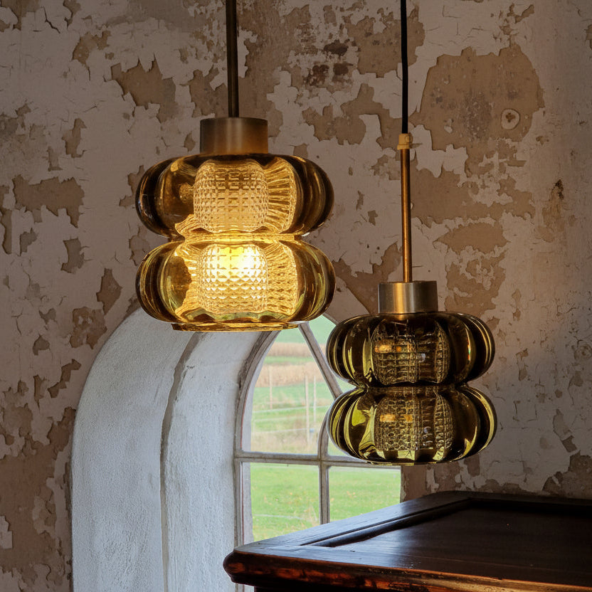 Carl Fagerlund Orrefors pendel i olivenfarvet glas 1960erne