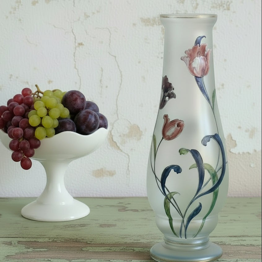 NITUSH Art Nouveau frosted glass vase with hand-painted tulips and gold rim detail, 34.5 cm height.