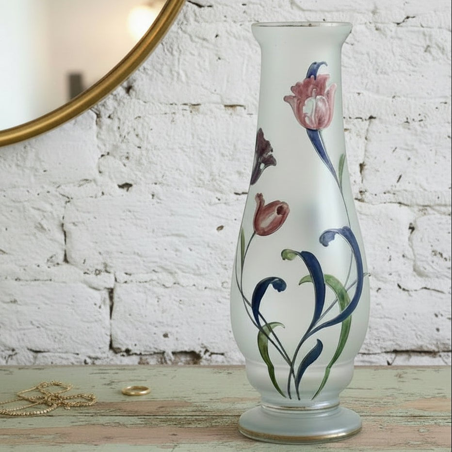 NITUSH Art Nouveau frosted glass vase with hand-painted pink and purple tulips and blue foliage. 34.5 cm tall.