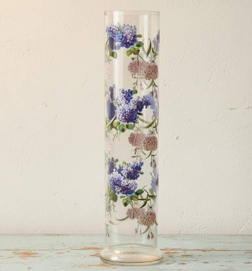 NITUSH Art Nouveau clear glass vase with hand-painted blue and pink flowers, 31 cm tall.