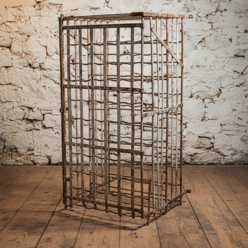 NITUSH French fil de fer wine rack in patinated iron, approx. 115 cm tall, with rustic industrial character and a vintage aesthetic.