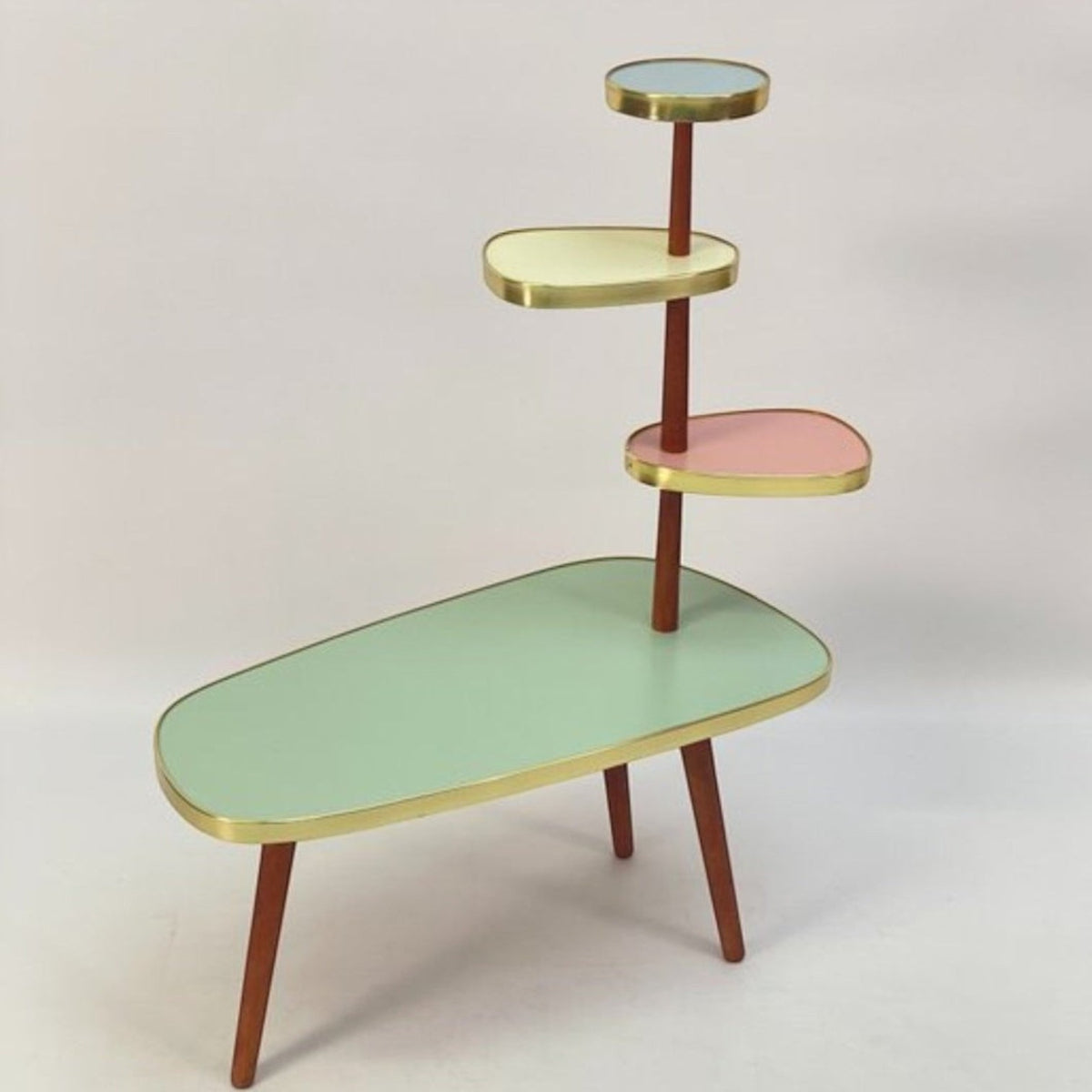 NITUSH retro multi-tiered wooden plant stand with pastel shelves, brass edges, and tapered legs