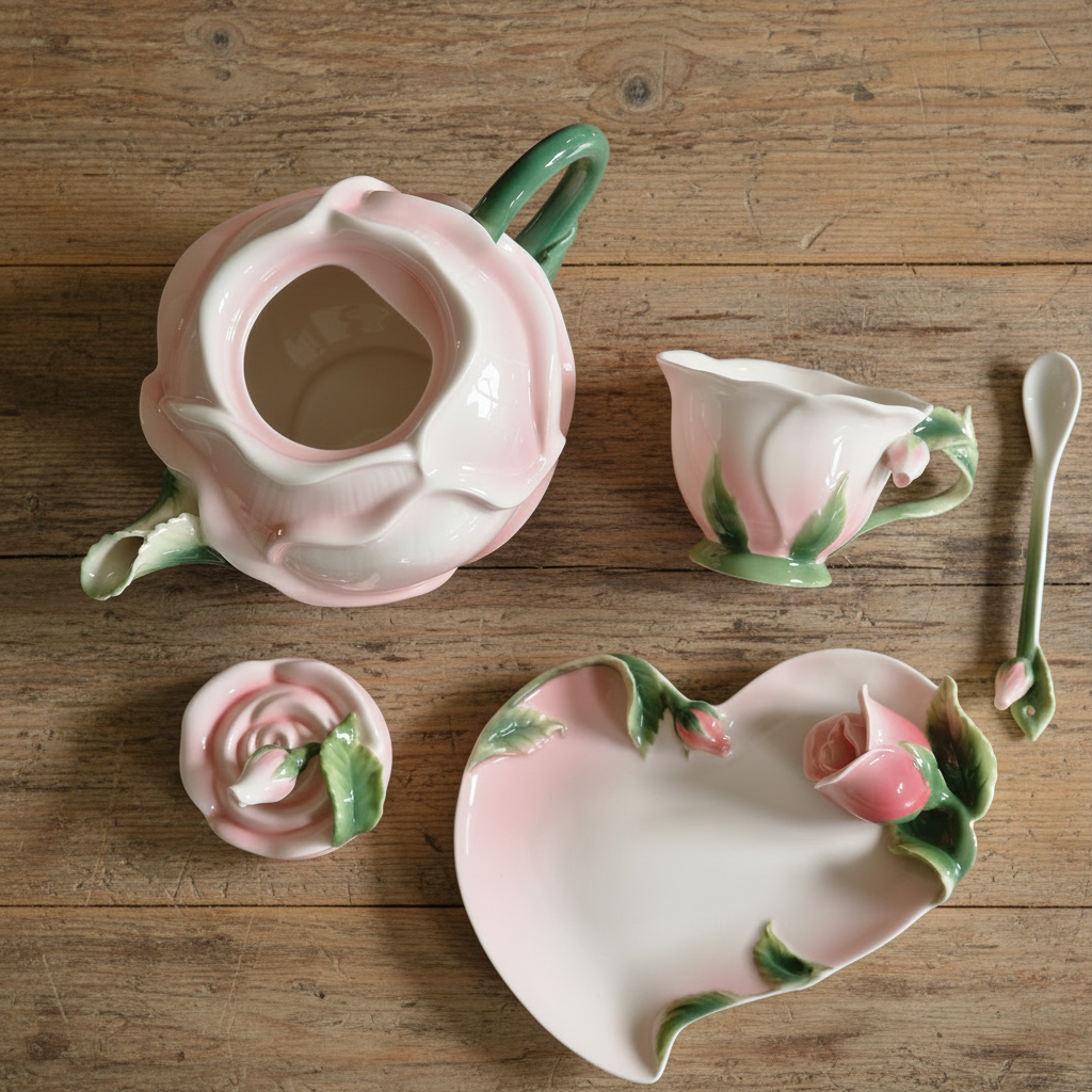 Pier 1 Imports Pink Rose tesæt med tekande, kop og underkop set ovenfra