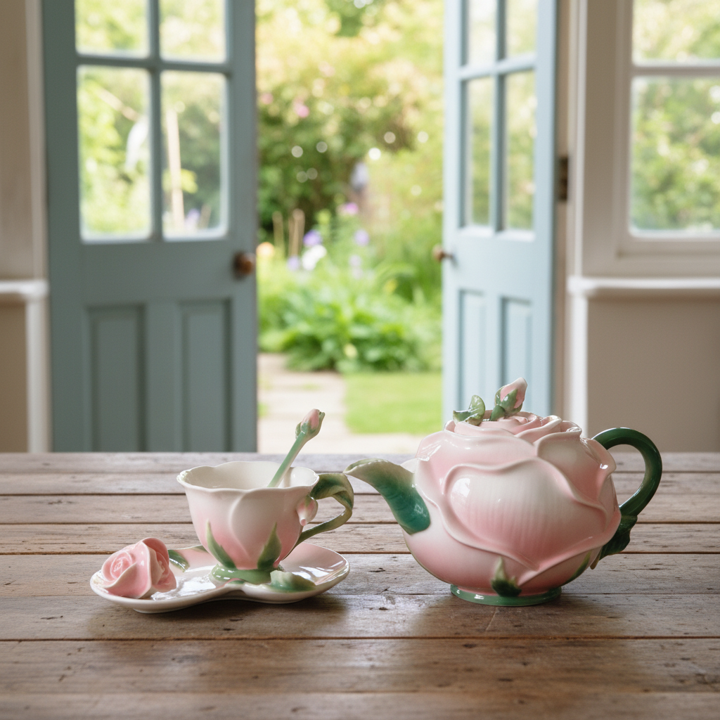 Vintage Pink Rose tesæt fra Pier 1 Imports i lyst miljø